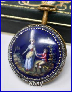 Antique 18th c. Mourier Geneve Fusee Pocket Watch with Past & Gilt Enamel Case