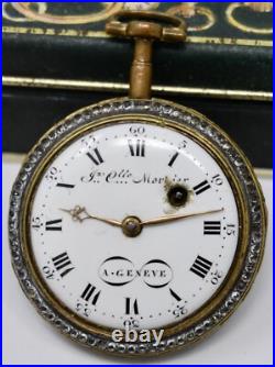Antique 18th c. Mourier Geneve Fusee Pocket Watch with Past & Gilt Enamel Case