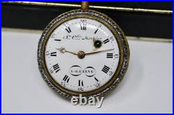 Antique 18th c. Mourier Geneve Fusee Pocket Watch with Past & Gilt Enamel Case