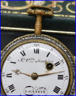 Antique 18th c. Mourier Geneve Fusee Pocket Watch with Past & Gilt Enamel Case