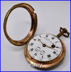 Antique 18th c. Mourier Geneve Fusee Pocket Watch with Past & Gilt Enamel Case