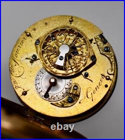 Antique 18th c. Mourier Geneve Fusee Pocket Watch with Past & Gilt Enamel Case