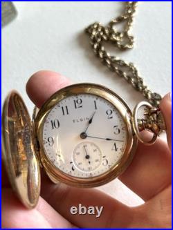 Antique 1905 GF Elgin Pocket Watch With Chain 15 Jewels Hunters Case WORKS