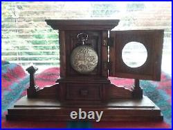 Antique 1908 Hunting Scene Pocket Watch & Edwardian Oak Cabinet Box Display Case