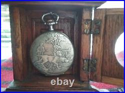 Antique 1908 Hunting Scene Pocket Watch & Edwardian Oak Cabinet Box Display Case