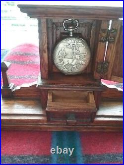 Antique 1908 Hunting Scene Pocket Watch & Edwardian Oak Cabinet Box Display Case
