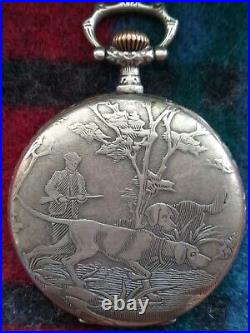 Antique 1908 Hunting Scene Pocket Watch & Edwardian Oak Cabinet Box Display Case