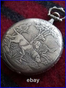 Antique 1908 Hunting Scene Pocket Watch & Edwardian Oak Cabinet Box Display Case