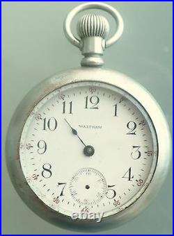 Antique 1908 Waltham Silverode Pocket Watch 18 Size 7 Jewels Train On Back Case