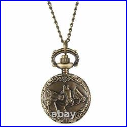 Antique 1pc Bronze 3 Horses Case Engraved Quartz Pocket Watch With Necklace