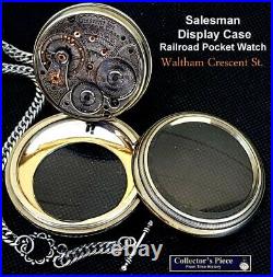 Antique 21 Jewel 18 Size Display Case Railroad Pocket Watch Waltham Crescent St