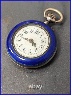 Antique Argent Dore 800 Silver Blue Enamel Pocket Watch Small Circa Early 1900s