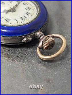 Antique Argent Dore 800 Silver Blue Enamel Pocket Watch Small Circa Early 1900s