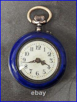 Antique Argent Dore 800 Silver Blue Enamel Pocket Watch Small Circa Early 1900s