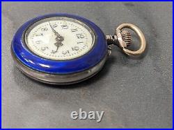 Antique Argent Dore 800 Silver Blue Enamel Pocket Watch Small Circa Early 1900s