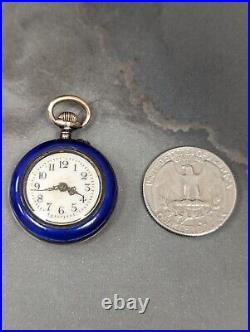 Antique Argent Dore 800 Silver Blue Enamel Pocket Watch Small Circa Early 1900s