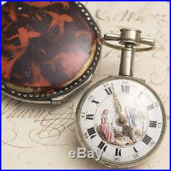 Antique Big PAIR CASE & PAINTED DIAL Verge Fusee GERMAN Pocket Watch