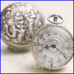 Antique CHAMPLEVE Dial Silver REPOUSSE PAIR CASE VERGE FUSEE Pocket Watch