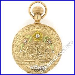 Antique Elgin 6s 11j Pocket Watch Floral Engraved Etched 14K Tri Color Gold Case