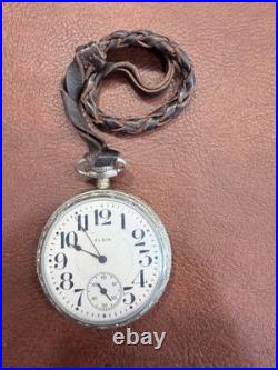 Antique Elgin Pocket Watch Sub Seconds Ornate Case Leather Fob Runs