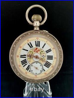 Antique Fancy Dial Horse Silver Case Cylindre Pin Set Swiss Pocket Watch Runs