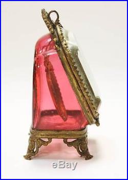 Antique French Cranberry Glass Gilt Pocket Watch Holder Case Beveled Clear Glass