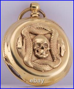 Antique French Pocket Watch Skull Ouroboros Snake Gilt Silver Case c1850's RARE