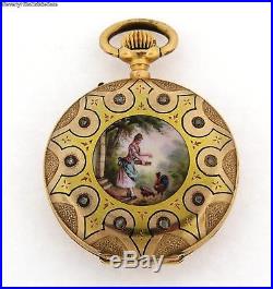 Antique Geneve 18k Yellow Gold Diamond Enamel Ladies Hunting Case Pocket Watch