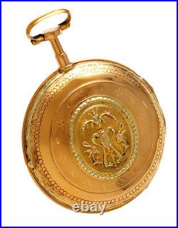 Antique Gold Verge Fusee Pocket Watch Ca1800 18k Repousse Swing Out Case
