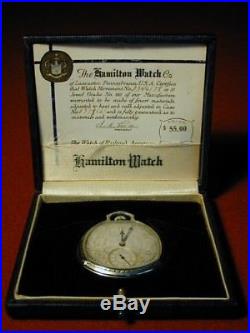 Antique Hamilton 17 Jewel 14K White Gold Filled Art Deco Pocket Watch With Case