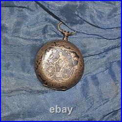 Antique K & B 800 silver & rose gold pocket watch case only bicyle riders