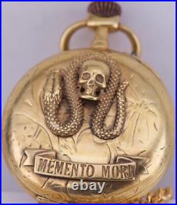 Antique LeCoultre Caliber Pocket Watch Skull Snake Gilt Silver Case Memento Mori