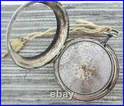 Antique Leekey Verge Fusee Pocket Watch + Sterling Pair Case +Ornate Silver Dial