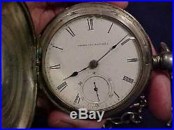 Antique Lg Keywind Waltham American Watch Hunter Coin Silver Case Sterling Chain