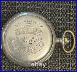 Antique Longines Silver Pocket Watch Paris Grand Prix 1900 1/2 Hunter Case Runs