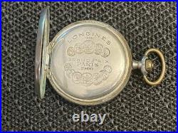 Antique Longines Silver Pocket Watch Paris Grand Prix 1900 1/2 Hunter Case Runs