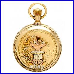 Antique Multicolor Gold Drum Style Hunter Case Elgin Pocket Watch with Fancy Dial