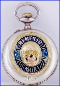 Antique Occultist Pocket Watch Memento Mori Skull Silver Enamel Case c1890