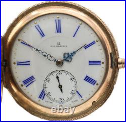 Antique Omega Blue Indices Hunter Pocket Watch Savolainen 10k GF w Beaded Case