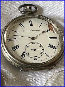 Antique Pocket Watch Escasany Open Face 1930c Case Silver 44mm FOR PART ONLY