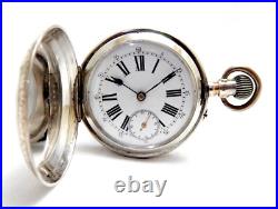 Antique Pocket Watch Hunter 15 Rubies Dial Porcelain Case Silver 50mm Working