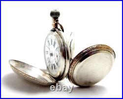 Antique Pocket Watch Hunter 15 Rubies Dial Porcelain Case Silver 50mm Working