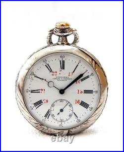 Antique Pocket Watch LONGINES Open Face Cal 18.79 Case Silver 48mm 1910c Working