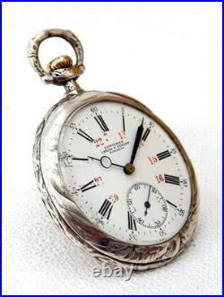 Antique Pocket Watch LONGINES Open Face Cal 18.79 Case Silver 48mm 1910c Working