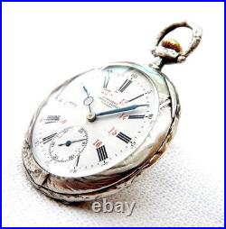 Antique Pocket Watch LONGINES Open Face Cal 18.79 Case Silver 48mm 1910c Working