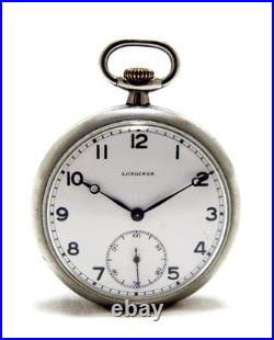 Antique Pocket Watch LONGINES Open Face Case Steel 48mm Circa 1935 Working