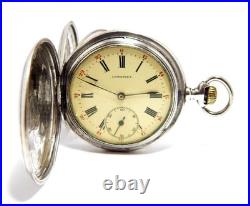Antique Pocket Watch Longines Hunter Dial Porcelain Case Silver 50mm Working