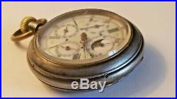 Antique Pocket Watch Swiss Moon Phase Day-Month-Year Dials - Gunmetal Case