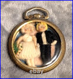 Antique Repurposed Pocket Watch Case Yarn Doll Wedding Miniature Glass Shadowbox