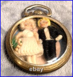 Antique Repurposed Pocket Watch Case Yarn Doll Wedding Miniature Glass Shadowbox